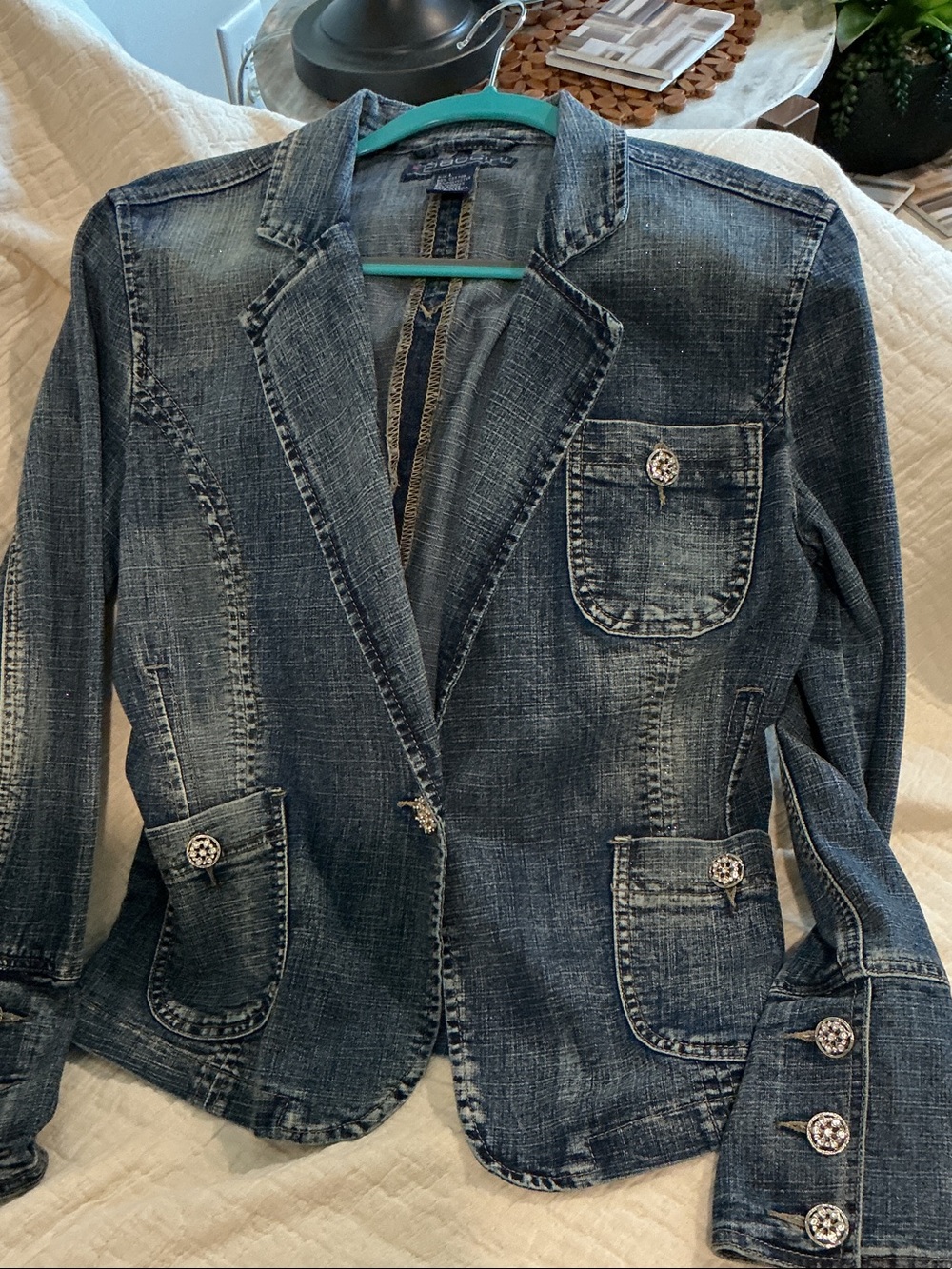 Baccini Denim Blazer with Rhinestone Buttons